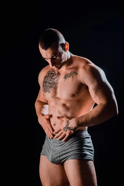 Muscled Male Jeans Posing Studio Black Background — Stock Photo, Image