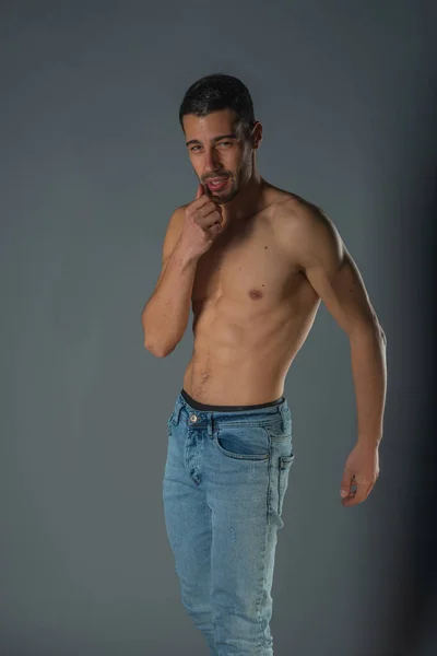 Studio Portrait Shirtless Sexy Man Abs Denim Blue Jeans — Stock Photo, Image