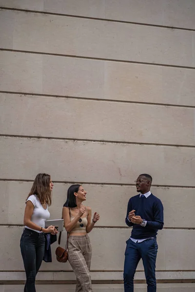 Three Multiracial Business Partners Laughing Talking Front Company — Stock Photo, Image