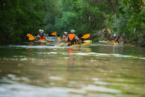 Gran Grupo Amigos Mayores Están Navegando Canoa Lago Del Bosque —  Fotos de Stock