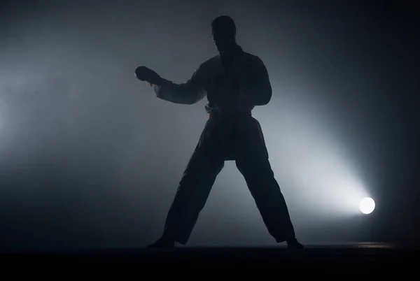 Karateci Dövüşçü Sporcu Kimono Giymiş Çıplak Ayaklı Kırmızı Kuşak Eğitimli — Stok fotoğraf