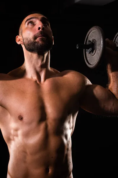 Close Portrait Handsome Guy Training While Being Topless Gym — Stock Photo, Image