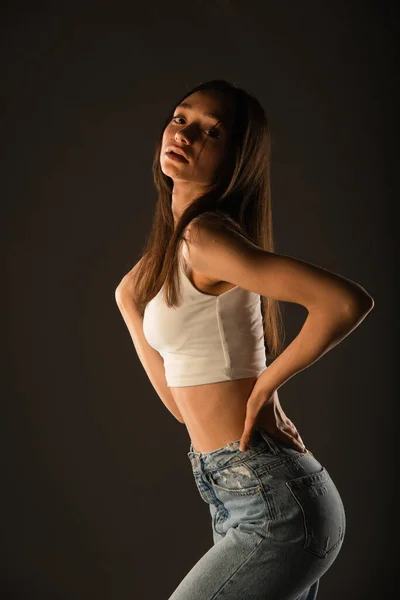 Ritratto Bella Ragazza Sexy Studio Sfondo Grigio — Foto Stock