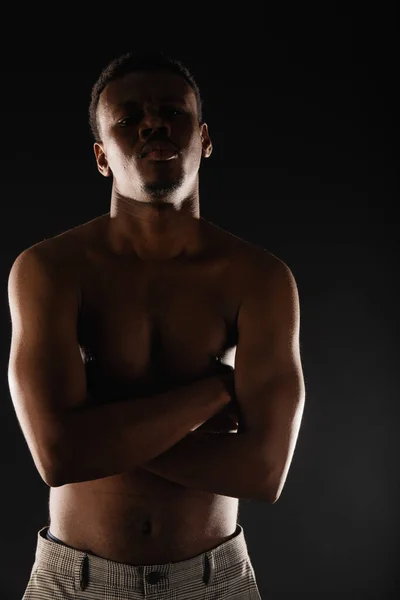 Handsome Black Male Posing While Flexing Black Background — Foto Stock