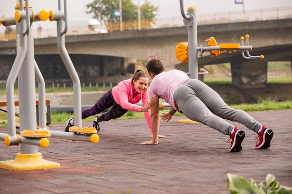 Amazing Attractive Strong Couple Exercising Together Ground While Smiling — Foto de Stock
