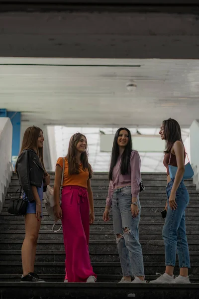 Four Beautiful Attractive Girls Talking Each Other Stairs While Smiling — Stock fotografie