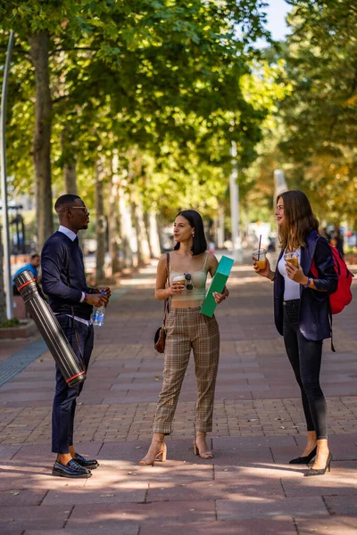 Drie Zakenmensen Hebben Een Discussie Iets Terwijl Buiten Staan — Stockfoto