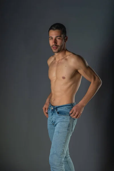 Studio Portrait Shirtless Sexy Man Abs Denim Blue Jeans — Stock Photo, Image