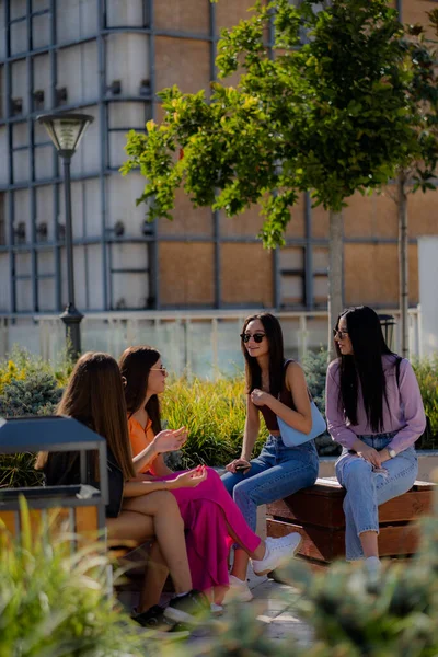 Four Attractive Beautiful Girl Friends Talking Smiling Bench — Stockfoto