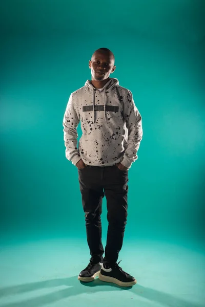 Black Male Posing Studio Hoodie Blue Background — 图库照片