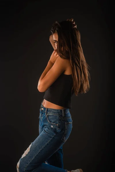 Attractive Beautiful Girl Posing Studio While Being Playful Her Hair — Stock Fotó