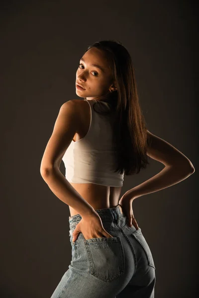 Portrait Seductve Girl Posing Studio Back — стоковое фото