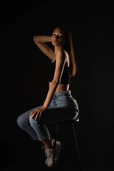 Beautiful Skinny Girl Looking Seductive While Posing High Chair Studio — Stockfoto