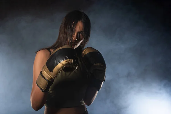 Closeup Portrait Female Boxer Posing Boxing Gloves Looking Camera Smokey — Stock Photo, Image
