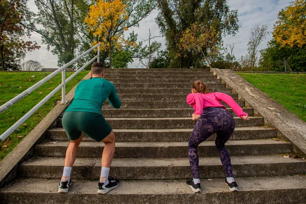 Two Amazing Strong Fit Friends Preparing Jump Stairs Morning — Fotografia de Stock