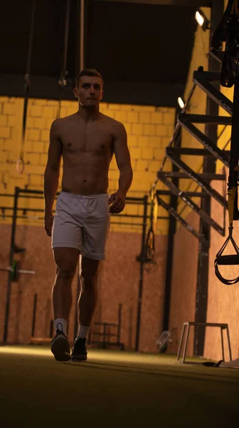 Handsome Topless Guy Walking Next Exercise Gym — Fotografia de Stock