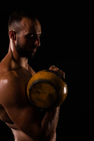 Close Portrait Handsome Topless Guy Training Gym Equipment — Stockfoto