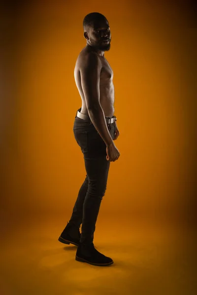 Handsome Black Male Posing Toples Stuido Ellow Background —  Fotos de Stock
