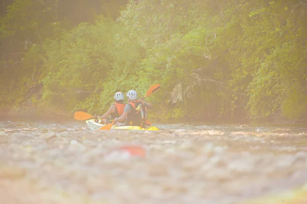 Beautiful Senior Couple Kayaking Alone While Rest Group Waiting Them — Stock Photo, Image