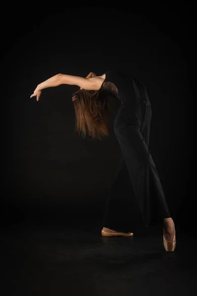 Beautiful Ballerina Doing Asymmetrical Bend Pose Black Background — Photo