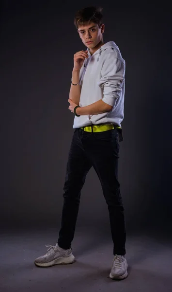Cool Young Man Dressed Jeans White Hoodie Posing Studio — Fotografia de Stock