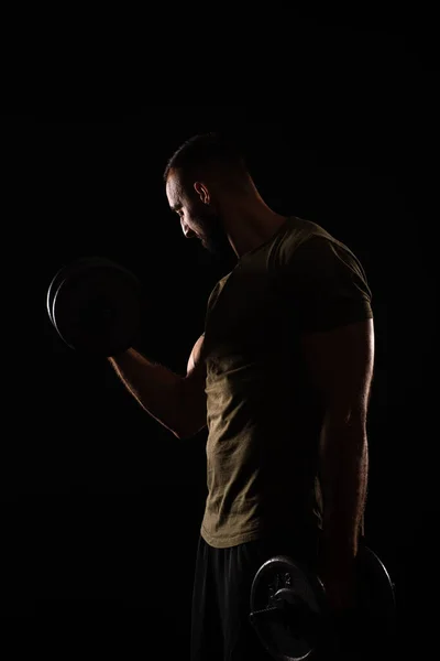 Portrait Handsome Guy Lifting Weight While Focusing Muscles — Stock fotografie