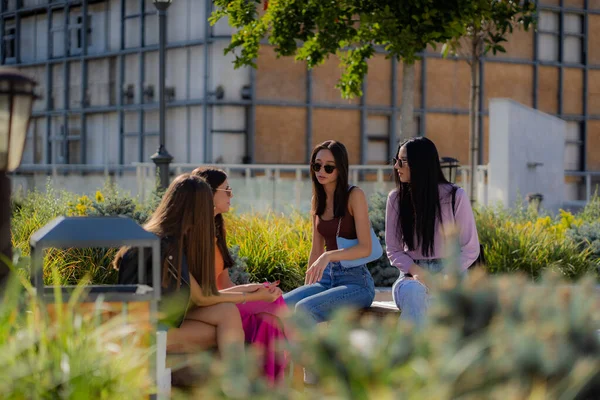 Four Attractive Beautiful Girl Friends Talking Boys While Sitting Bench — Stockfoto