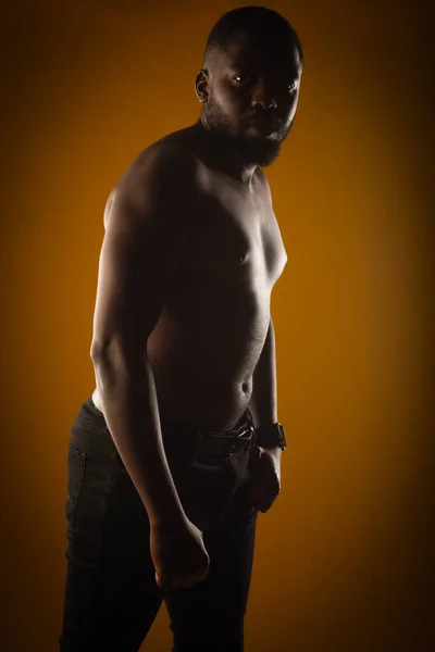 Topless Handsome Black Guy Posing Studio Yellow Background —  Fotos de Stock