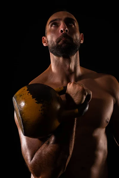 Portrait Handsome Topless Guy Focusing Hard Dumbbell Exercise — Stockfoto