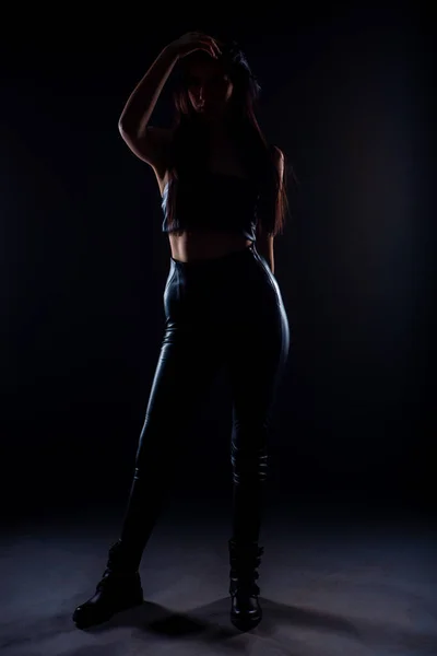 Silhouette Attractive Girl Posing Black Background — Stockfoto