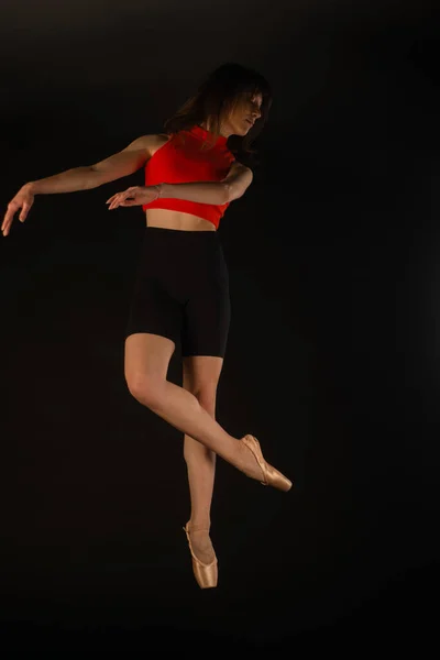 Ballerina Doing Some Ballet Jumping Studio While Posing Air — Foto Stock