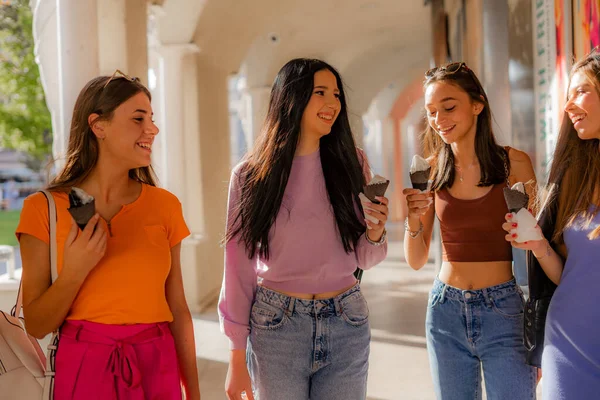 Four Amazing Casually Dressed Girls Smiling Enjoying Ice Cream Sunny — Fotografia de Stock