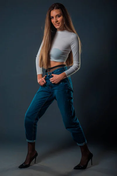 Body Shot Cool Modern Girl Wearing White Tank Top Blue — Stockfoto