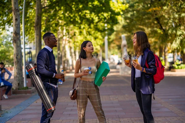 Three Business Workers Having Break Work While Being Talking Each — стоковое фото