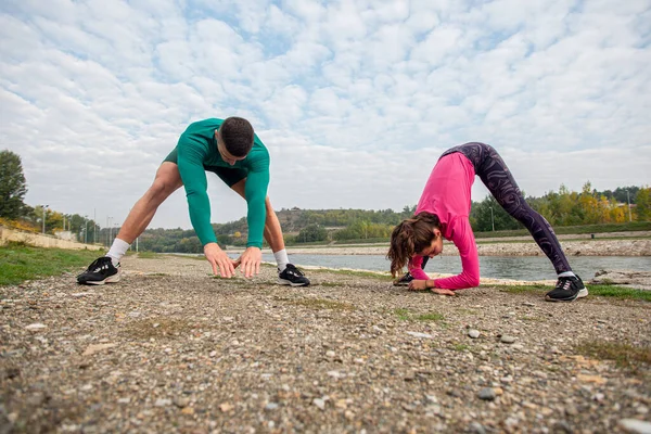 Beautiful Couple Stretching Warming Together Training — Stock fotografie