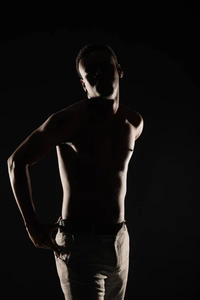 Silhouette Black Male Posing Topless Dark Background — Stockfoto