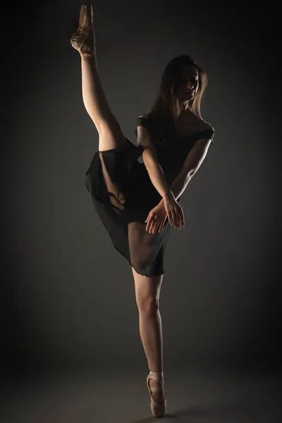 Ballerina Pointe Shoes While Kicking One Leg While Balancing Other — Photo