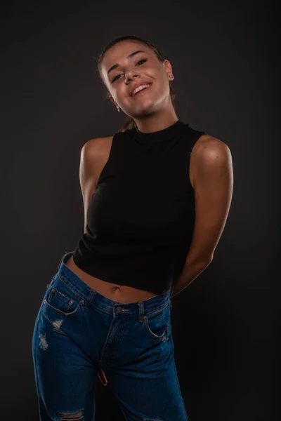 Attractive Beautiful Girl Smiling While Posing Studio Grey Background — Stock Fotó