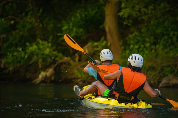 Two Handsome Fit Senior Friends Kayaking Together Forest River While — Stock Photo, Image