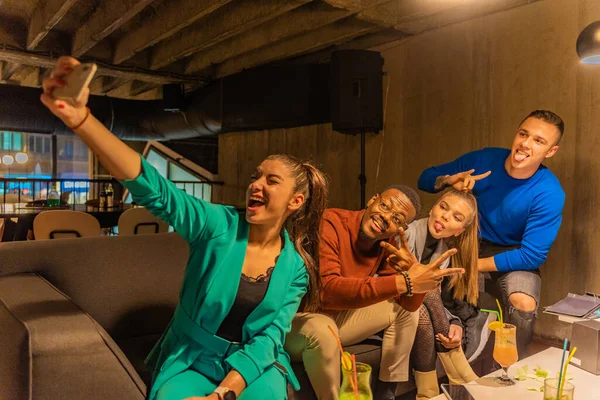 Group Multiracial Friends Taking Crazy Selfies Cafe — Stock Photo, Image