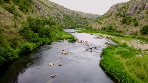 Grupo Amigos Están Haciendo Kayak Mientras Que Dos Pares Están — Vídeos de Stock