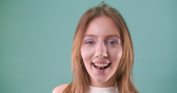 Close Portrait Beautiful Girl Dancing Eating Chocolate Balls — Stock Video