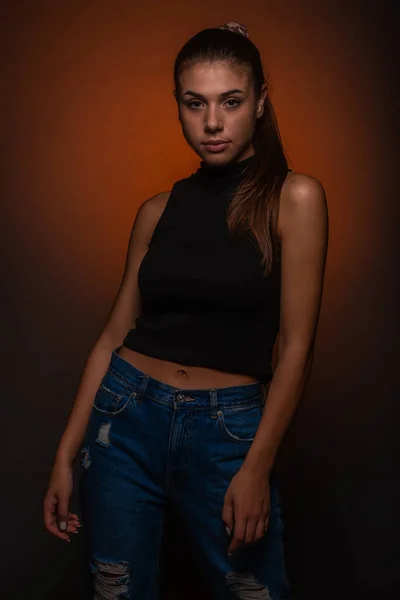 Beautiful Attractive Young Girl Posing Studio Orange Background — Stock Photo, Image