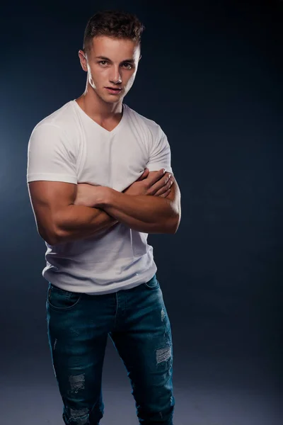 Portrait Handsome Young Guy Wearing Blue Denim Pants White Shirt — Stock Photo, Image