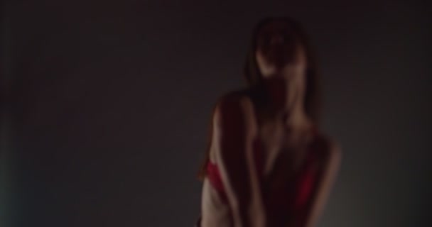 Aantrekkelijk Mooi Meisje Poseert Rood Lingerie Aanraken Van Zichzelf — Stockvideo