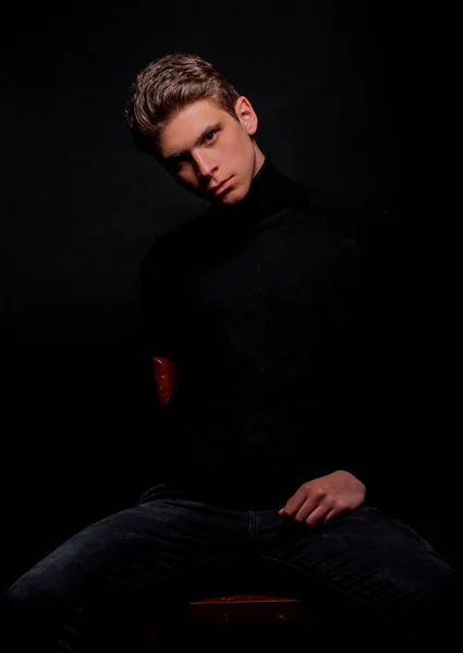 Studio Fashion Portrait Young Man Wearing Long Sleeve Shirt Sitting — Stock Photo, Image