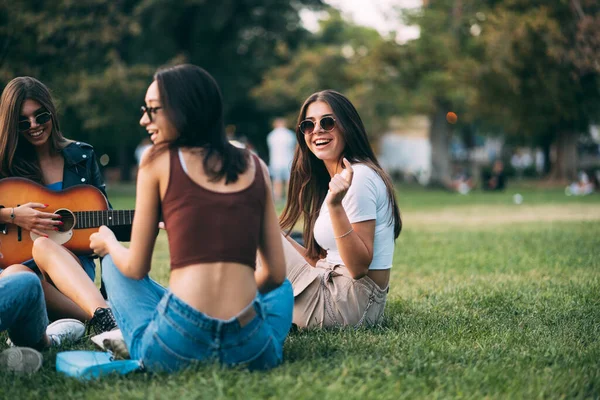 Amigos Menina Bonita Atraente Estão Sorrindo Rindo Enquanto Sentado Grama — Fotografia de Stock