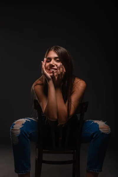 Attractive Beautiful Girl Smiling Acting Cute While Sitting Chair — Stock Photo, Image