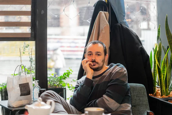 Handsome Attracive Businessman Sitting Thinking Lot Cafe — Stock Photo, Image