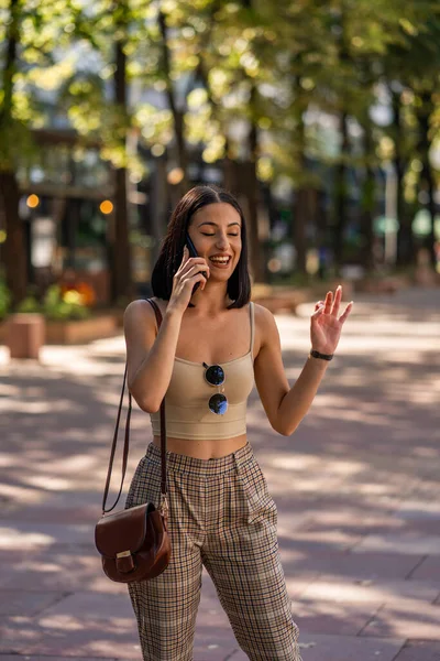 Attraente Bella Donna Affari Sta Spiegando Qualcosa Telefono Suo Capo — Foto Stock